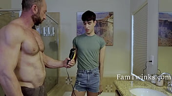Timid Stepson Helps Step-dad Trim His ball-sac nut of babymakers